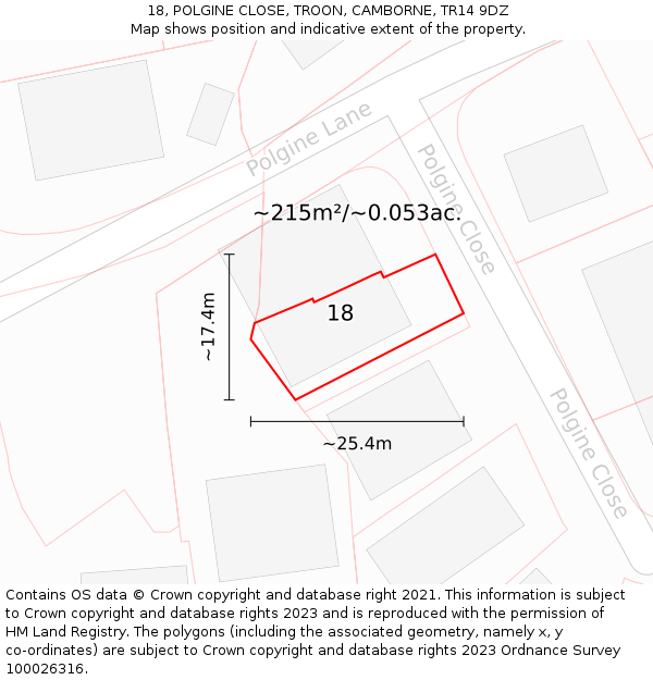 18, POLGINE CLOSE, TROON, CAMBORNE, TR14 9DZ: Plot and title map