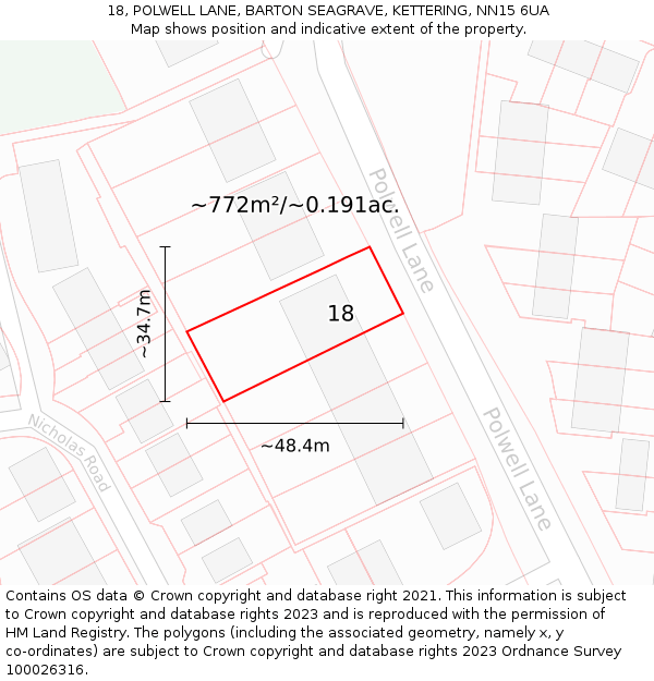 18, POLWELL LANE, BARTON SEAGRAVE, KETTERING, NN15 6UA: Plot and title map