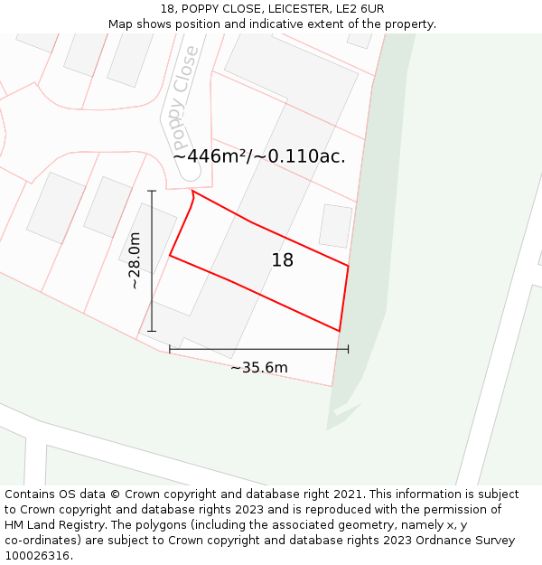 18, POPPY CLOSE, LEICESTER, LE2 6UR: Plot and title map