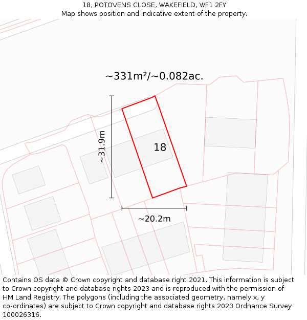 18, POTOVENS CLOSE, WAKEFIELD, WF1 2FY: Plot and title map