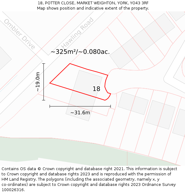 18, POTTER CLOSE, MARKET WEIGHTON, YORK, YO43 3RF: Plot and title map