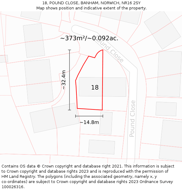 18, POUND CLOSE, BANHAM, NORWICH, NR16 2SY: Plot and title map