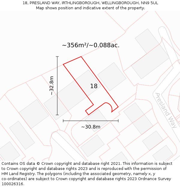 18, PRESLAND WAY, IRTHLINGBOROUGH, WELLINGBOROUGH, NN9 5UL: Plot and title map