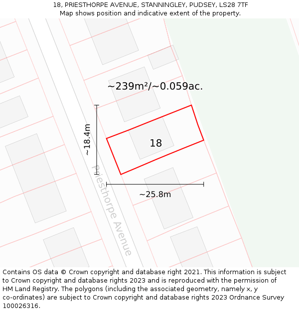 18, PRIESTHORPE AVENUE, STANNINGLEY, PUDSEY, LS28 7TF: Plot and title map