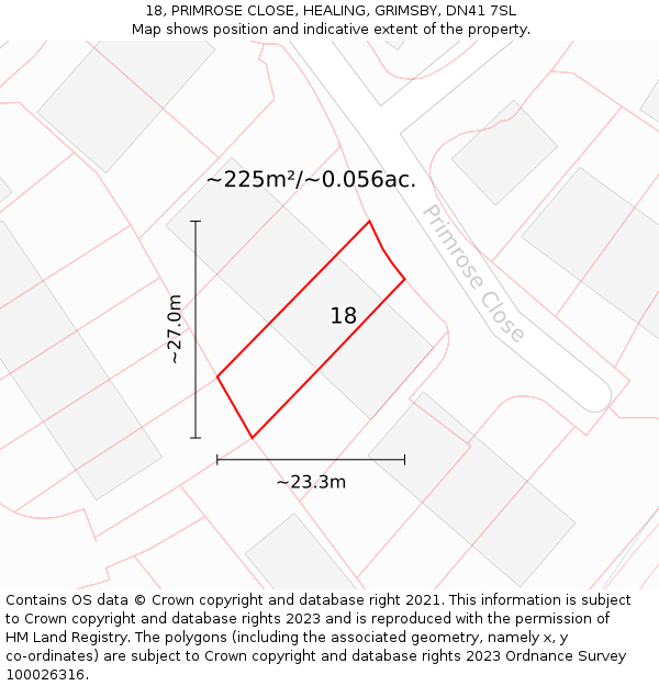 18, PRIMROSE CLOSE, HEALING, GRIMSBY, DN41 7SL: Plot and title map
