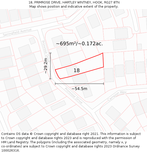 18, PRIMROSE DRIVE, HARTLEY WINTNEY, HOOK, RG27 8TN: Plot and title map