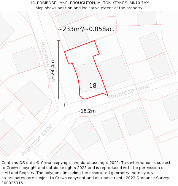 18, PRIMROSE LANE, BROUGHTON, MILTON KEYNES, MK10 7AX: Plot and title map