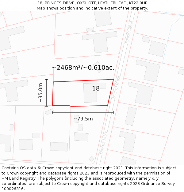 18, PRINCES DRIVE, OXSHOTT, LEATHERHEAD, KT22 0UP: Plot and title map