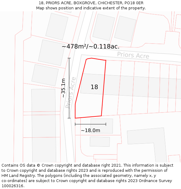 18, PRIORS ACRE, BOXGROVE, CHICHESTER, PO18 0ER: Plot and title map