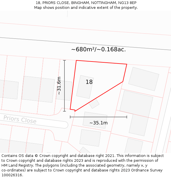 18, PRIORS CLOSE, BINGHAM, NOTTINGHAM, NG13 8EP: Plot and title map