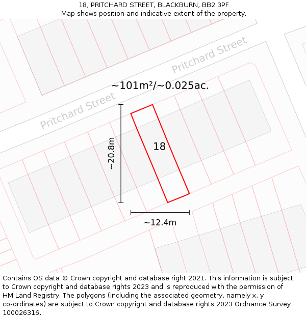 18, PRITCHARD STREET, BLACKBURN, BB2 3PF: Plot and title map