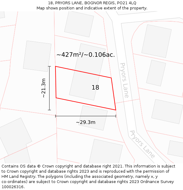 18, PRYORS LANE, BOGNOR REGIS, PO21 4LQ: Plot and title map