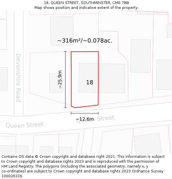 18, QUEEN STREET, SOUTHMINSTER, CM0 7BB: Plot and title map