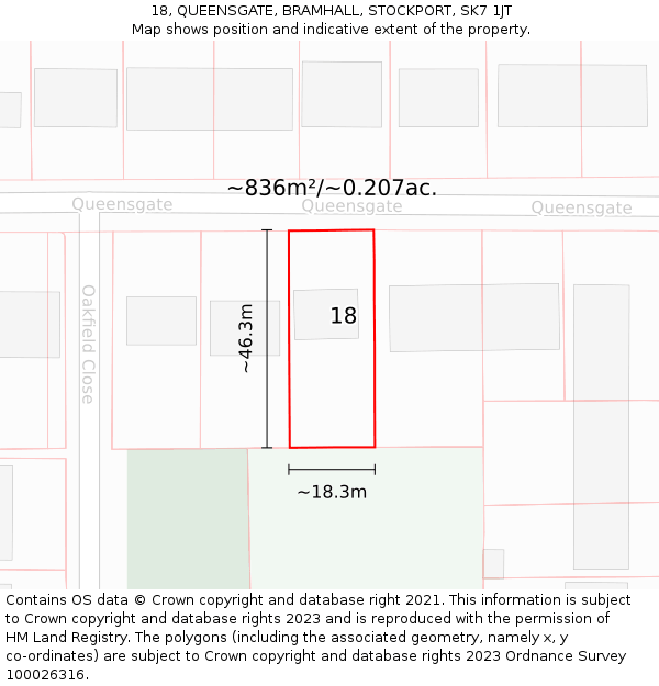 18, QUEENSGATE, BRAMHALL, STOCKPORT, SK7 1JT: Plot and title map