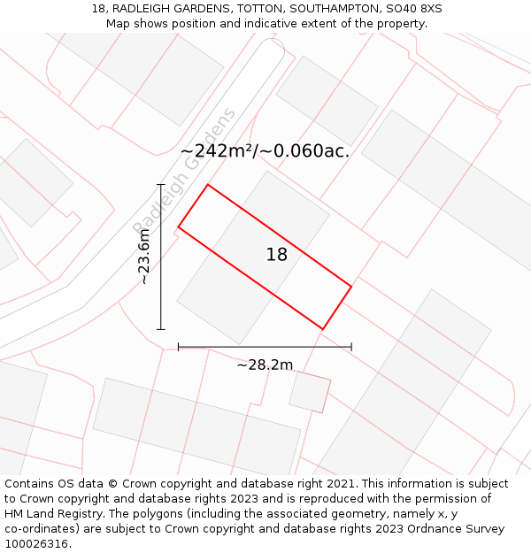 18, RADLEIGH GARDENS, TOTTON, SOUTHAMPTON, SO40 8XS: Plot and title map