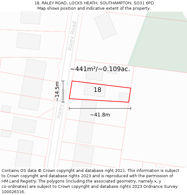 18, RALEY ROAD, LOCKS HEATH, SOUTHAMPTON, SO31 6PD: Plot and title map