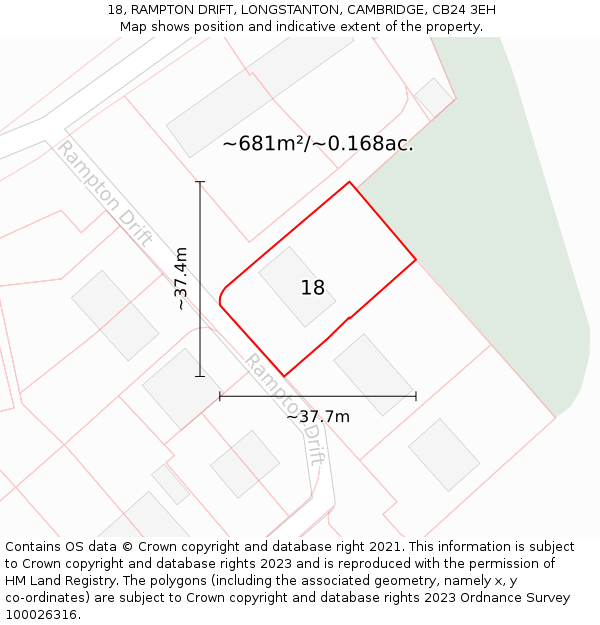 18, RAMPTON DRIFT, LONGSTANTON, CAMBRIDGE, CB24 3EH: Plot and title map