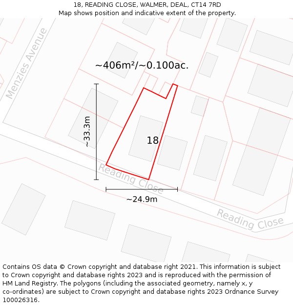 18, READING CLOSE, WALMER, DEAL, CT14 7RD: Plot and title map