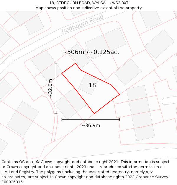 18, REDBOURN ROAD, WALSALL, WS3 3XT: Plot and title map