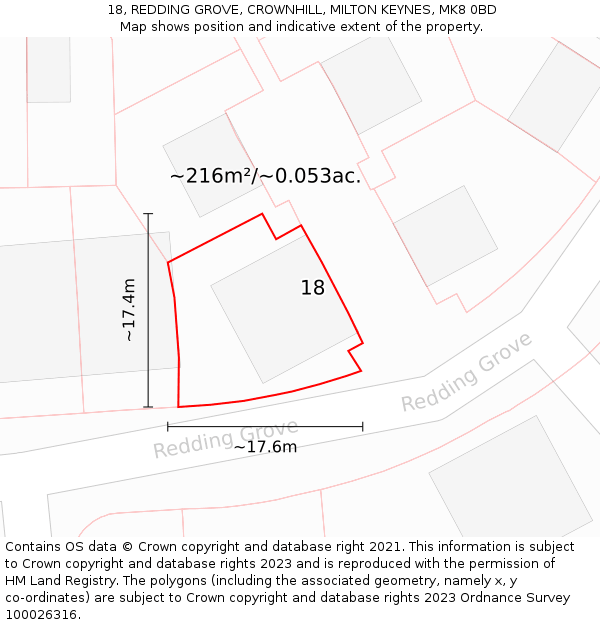 18, REDDING GROVE, CROWNHILL, MILTON KEYNES, MK8 0BD: Plot and title map