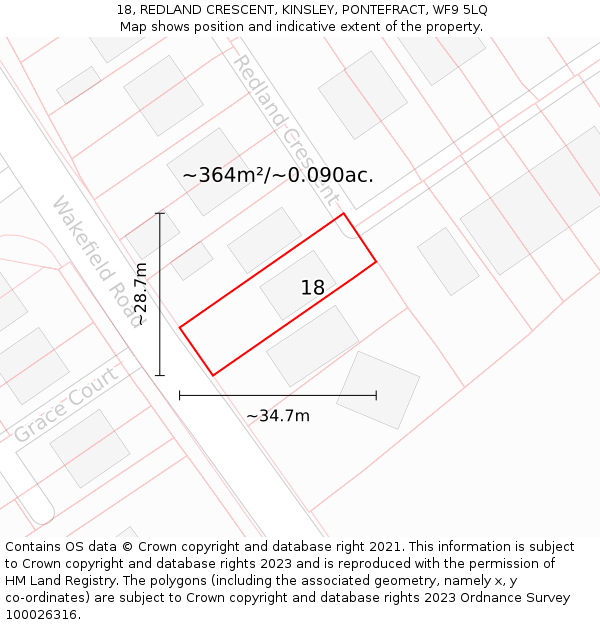 18, REDLAND CRESCENT, KINSLEY, PONTEFRACT, WF9 5LQ: Plot and title map