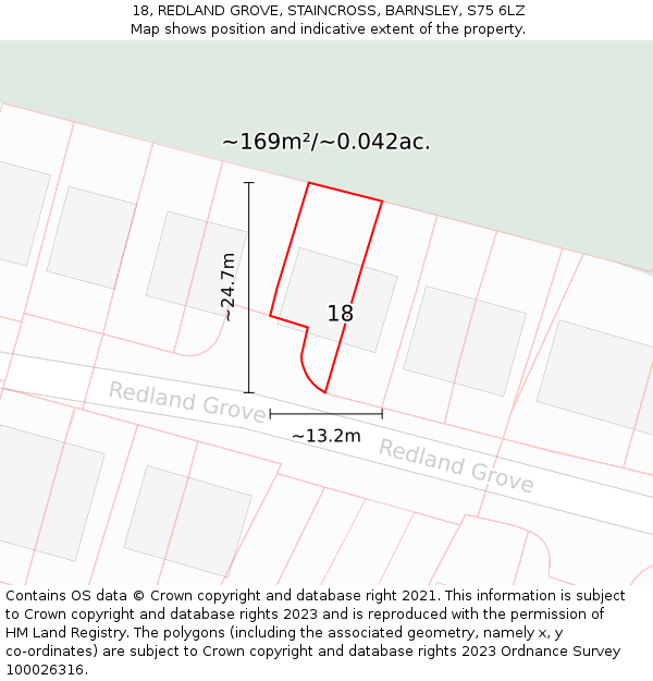 18, REDLAND GROVE, STAINCROSS, BARNSLEY, S75 6LZ: Plot and title map