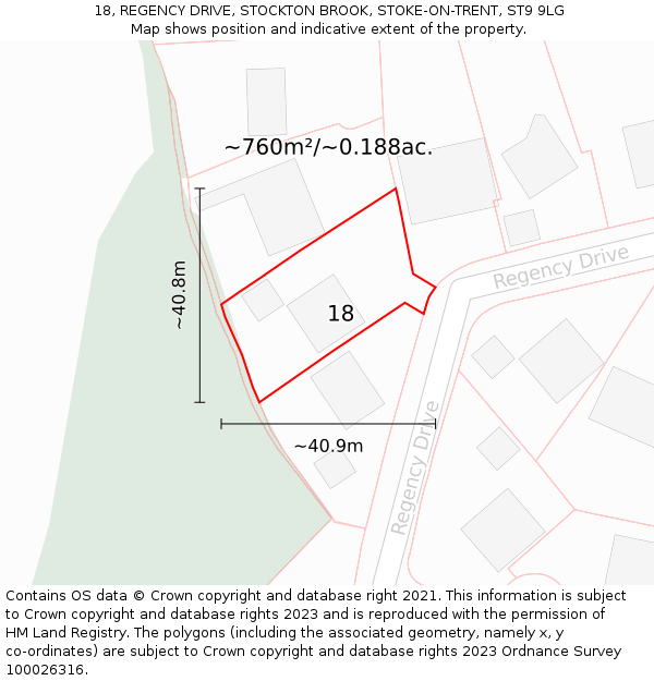 18, REGENCY DRIVE, STOCKTON BROOK, STOKE-ON-TRENT, ST9 9LG: Plot and title map