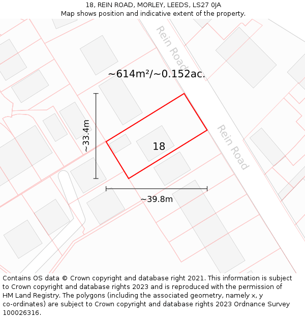 18, REIN ROAD, MORLEY, LEEDS, LS27 0JA: Plot and title map