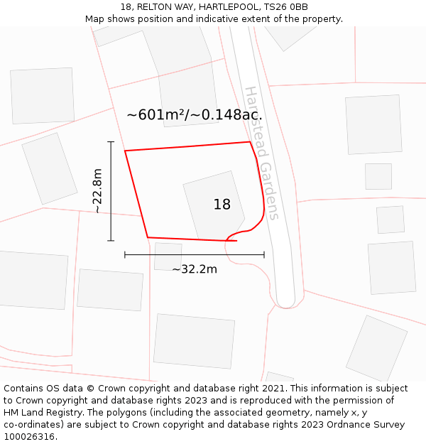 18, RELTON WAY, HARTLEPOOL, TS26 0BB: Plot and title map