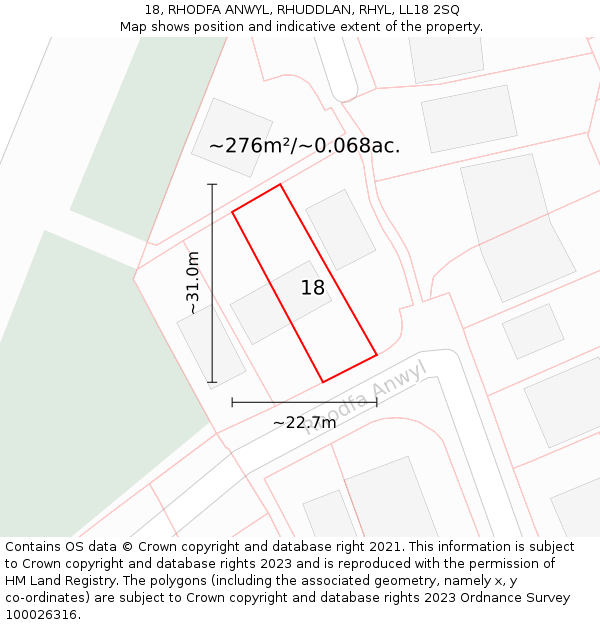 18, RHODFA ANWYL, RHUDDLAN, RHYL, LL18 2SQ: Plot and title map