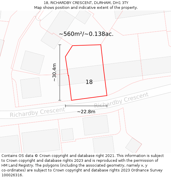18, RICHARDBY CRESCENT, DURHAM, DH1 3TY: Plot and title map