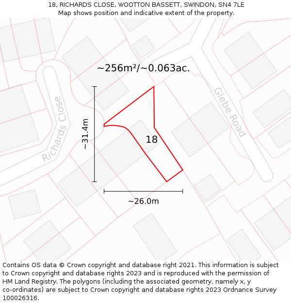 18, RICHARDS CLOSE, WOOTTON BASSETT, SWINDON, SN4 7LE: Plot and title map