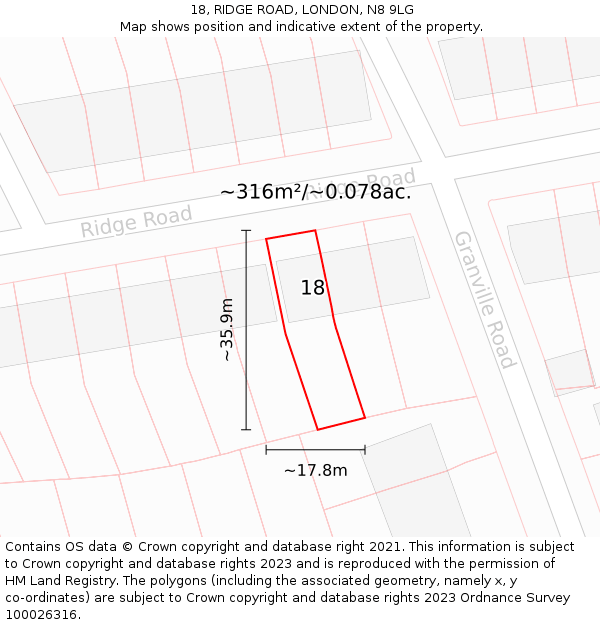 18, RIDGE ROAD, LONDON, N8 9LG: Plot and title map