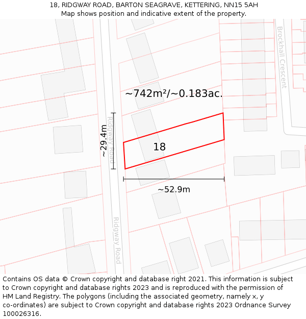 18, RIDGWAY ROAD, BARTON SEAGRAVE, KETTERING, NN15 5AH: Plot and title map