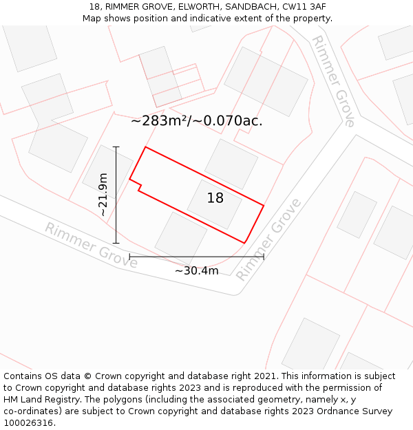 18, RIMMER GROVE, ELWORTH, SANDBACH, CW11 3AF: Plot and title map