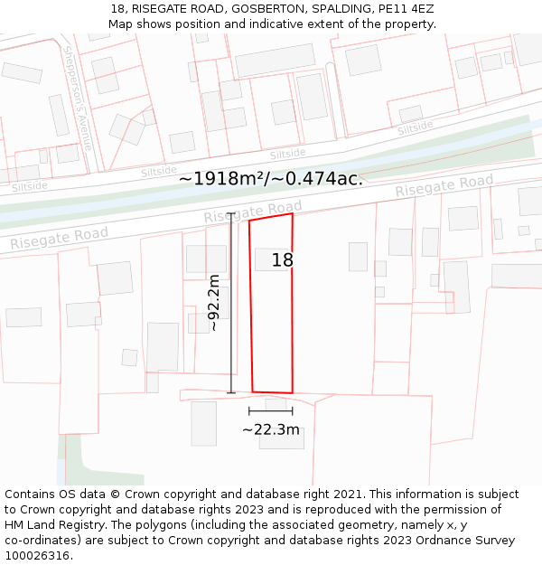 18, RISEGATE ROAD, GOSBERTON, SPALDING, PE11 4EZ: Plot and title map