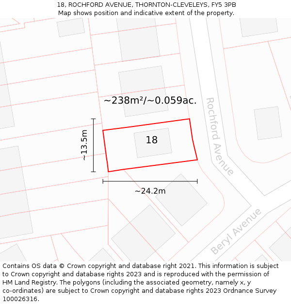 18, ROCHFORD AVENUE, THORNTON-CLEVELEYS, FY5 3PB: Plot and title map