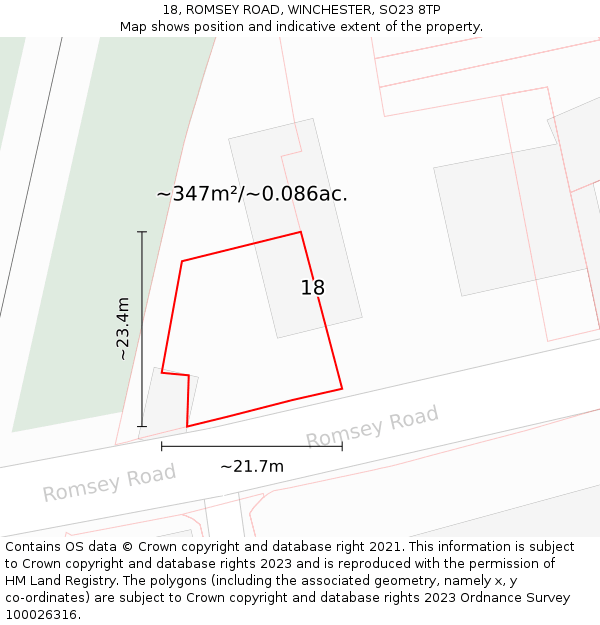 18, ROMSEY ROAD, WINCHESTER, SO23 8TP: Plot and title map