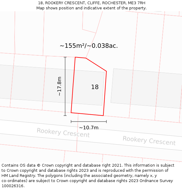 18, ROOKERY CRESCENT, CLIFFE, ROCHESTER, ME3 7RH: Plot and title map