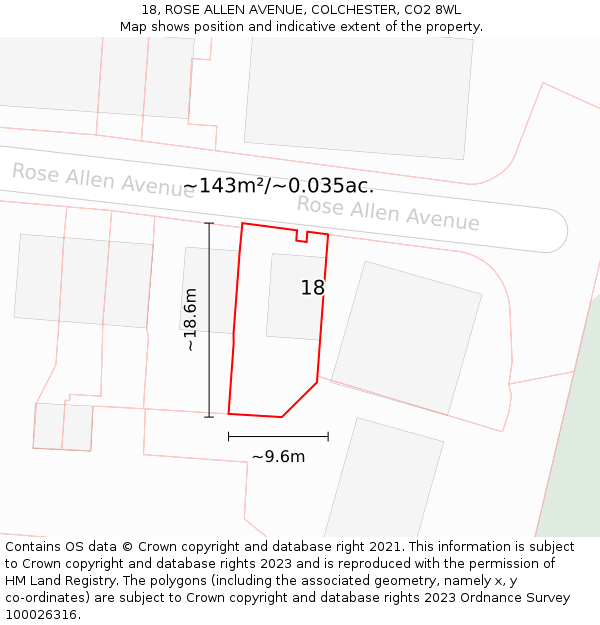 18, ROSE ALLEN AVENUE, COLCHESTER, CO2 8WL: Plot and title map