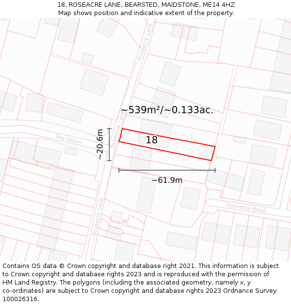 18, ROSEACRE LANE, BEARSTED, MAIDSTONE, ME14 4HZ: Plot and title map