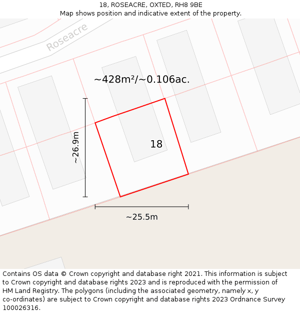 18, ROSEACRE, OXTED, RH8 9BE: Plot and title map