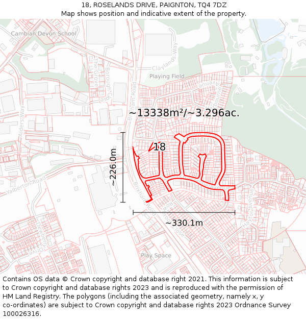 18, ROSELANDS DRIVE, PAIGNTON, TQ4 7DZ: Plot and title map