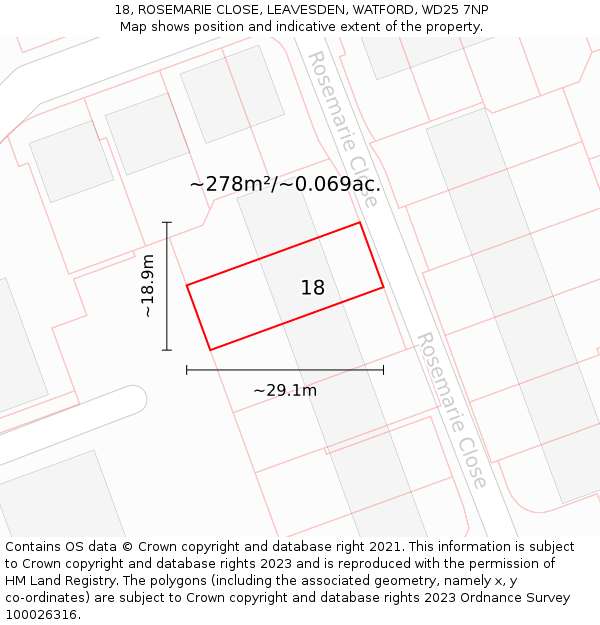 18, ROSEMARIE CLOSE, LEAVESDEN, WATFORD, WD25 7NP: Plot and title map