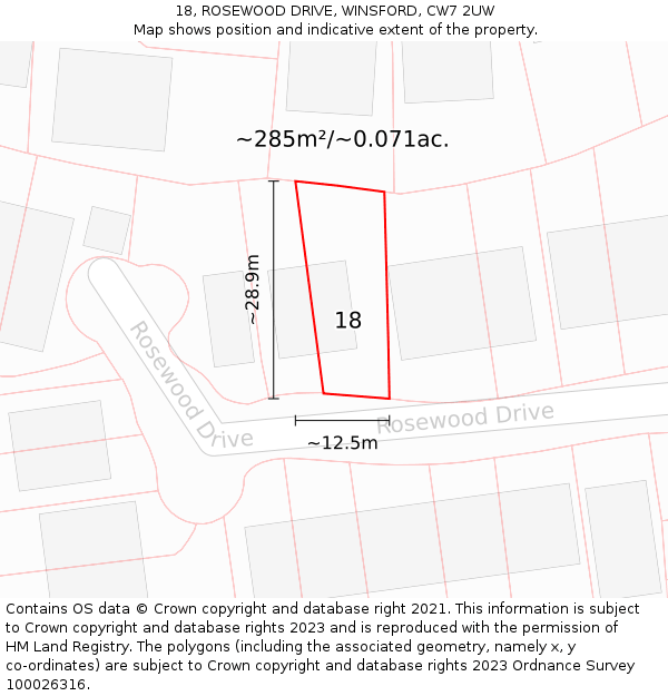18, ROSEWOOD DRIVE, WINSFORD, CW7 2UW: Plot and title map
