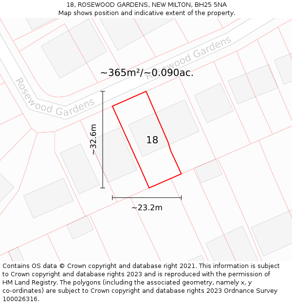 18, ROSEWOOD GARDENS, NEW MILTON, BH25 5NA: Plot and title map