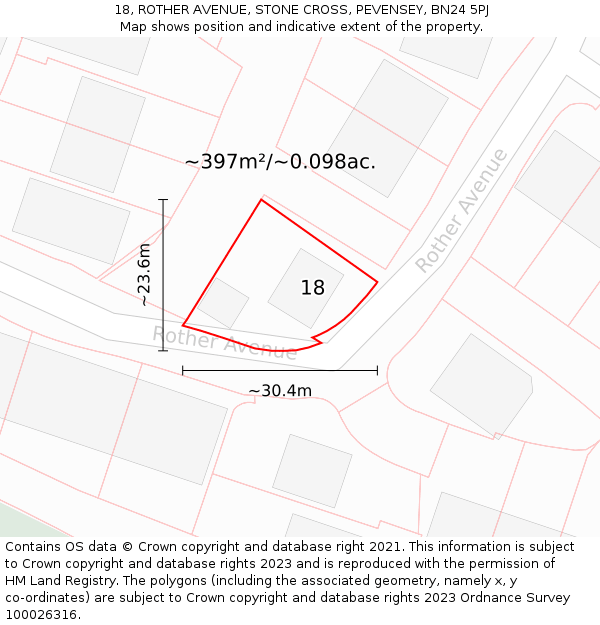 18, ROTHER AVENUE, STONE CROSS, PEVENSEY, BN24 5PJ: Plot and title map