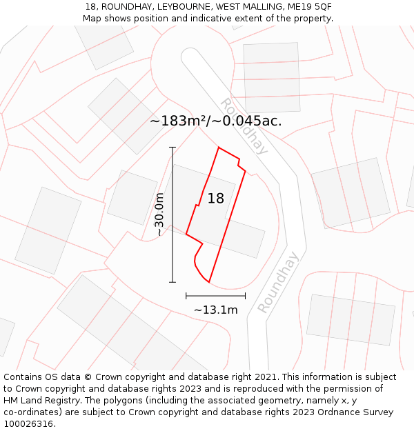 18, ROUNDHAY, LEYBOURNE, WEST MALLING, ME19 5QF: Plot and title map
