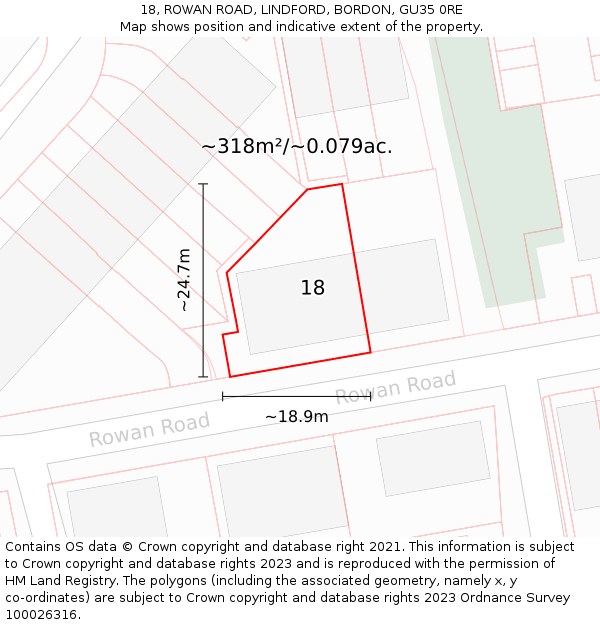 18, ROWAN ROAD, LINDFORD, BORDON, GU35 0RE: Plot and title map