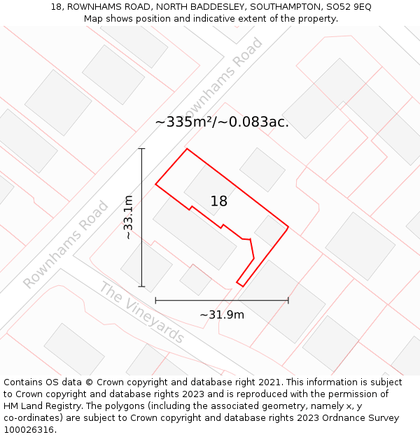 18, ROWNHAMS ROAD, NORTH BADDESLEY, SOUTHAMPTON, SO52 9EQ: Plot and title map